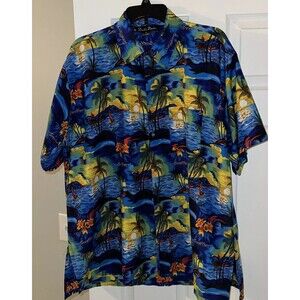 Double Decker Caribbean Tropical Men Button Up Short Sleeve Shirt Blue Size XL